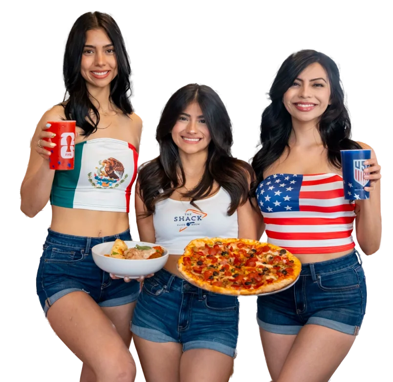 The Shack Slice & Brew World Cup promo photo: three people in Mexico, Shack, and USA jerseys with pizza and food